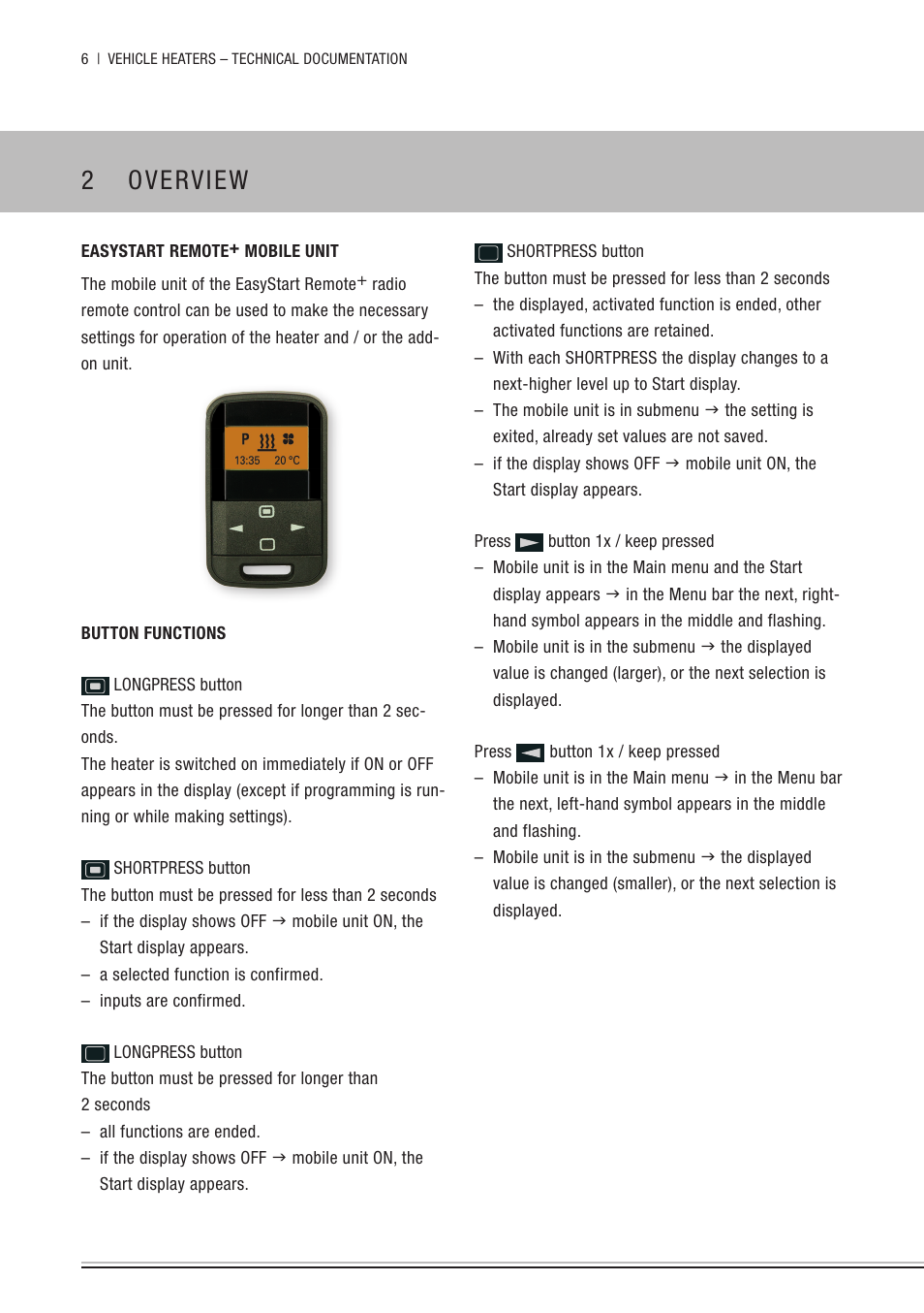 2 overview, Easystart remote+ mobile unit, Button functions | Longpress button, Shortpress button, Press ￼ button 1x / keep pressed, Overview, Press, Button 1x / keep pressed | Eberspacher EasyStart Remote+ Operating instructions User Manual | Page 6 / 36