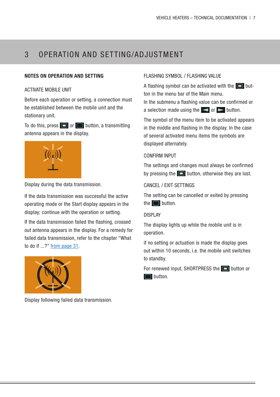 3 operation and setting/adjustment, Notes on operation and setting, Operation and setting/adjustment | Eberspacher EasyStart Remote+ Operating instructions User Manual | Page 7 / 36