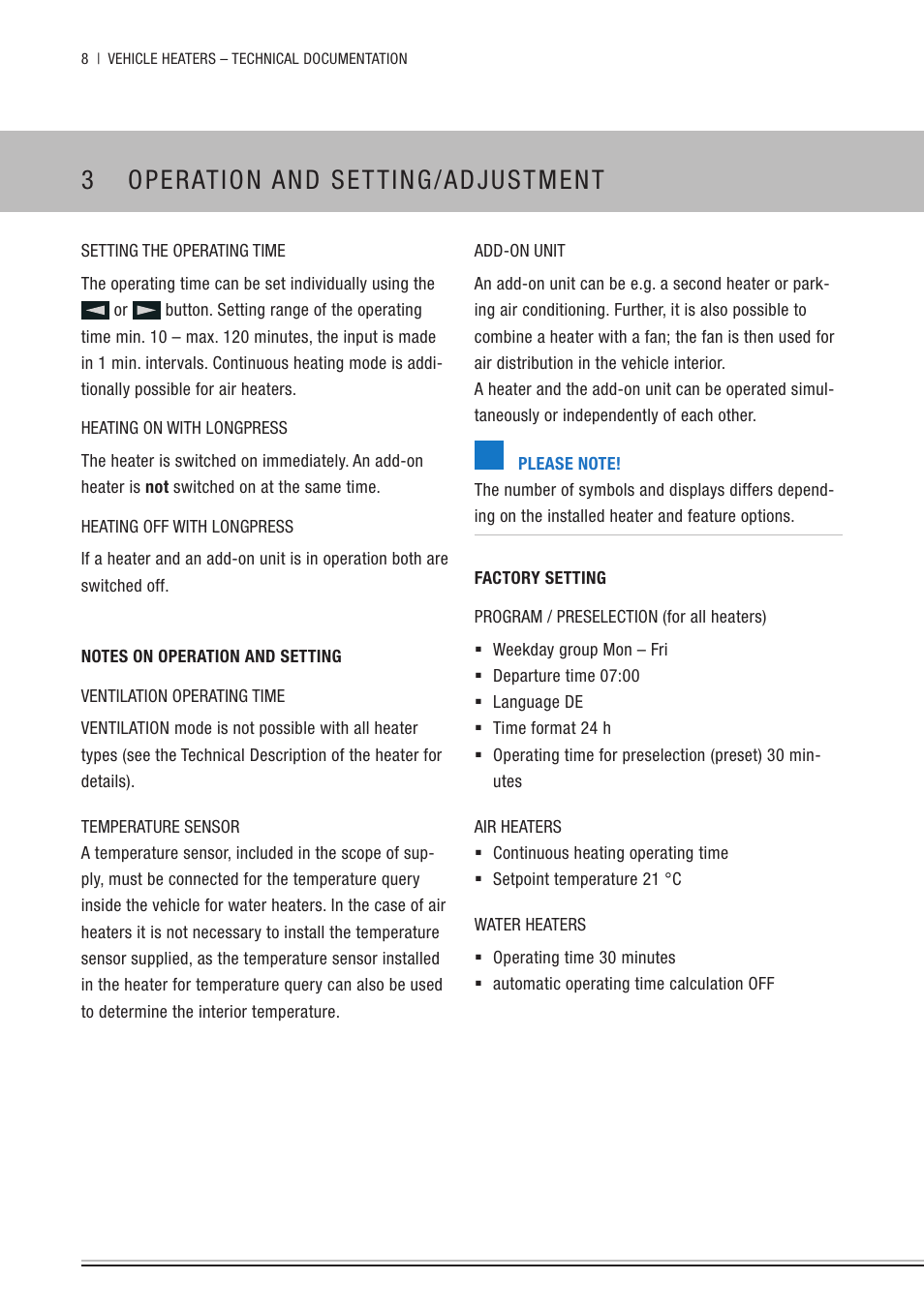 Notes on operation and setting, Factory setting, 3 operation and setting/adjustment | Eberspacher EasyStart Remote+ Operating instructions User Manual | Page 8 / 36