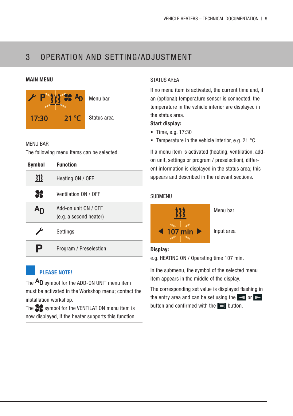 Main menu, 3 operation and setting/adjustment, 30 21 °c | 107 min | Eberspacher EasyStart Remote+ Operating instructions User Manual | Page 9 / 36