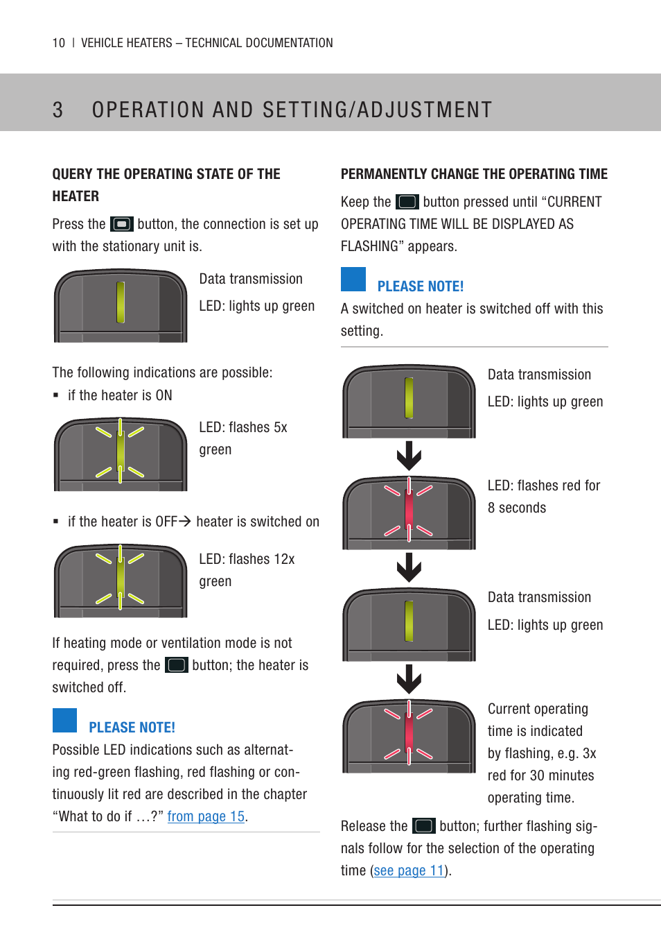 Query the operating state of the heater, Permanently change the operating time, For adjustment | Ting time (see, 3 operation and setting/adjustment | Eberspacher EasyStart Remote User Manual | Page 10 / 20