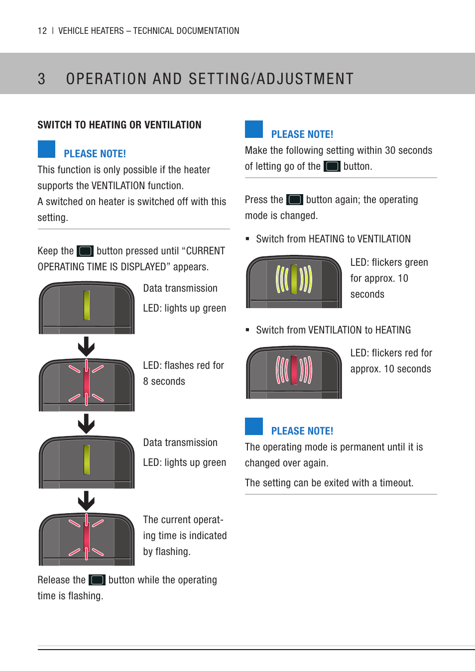 Switch to heating or ventilation, 3 operation and setting/adjustment | Eberspacher EasyStart Remote User Manual | Page 12 / 20