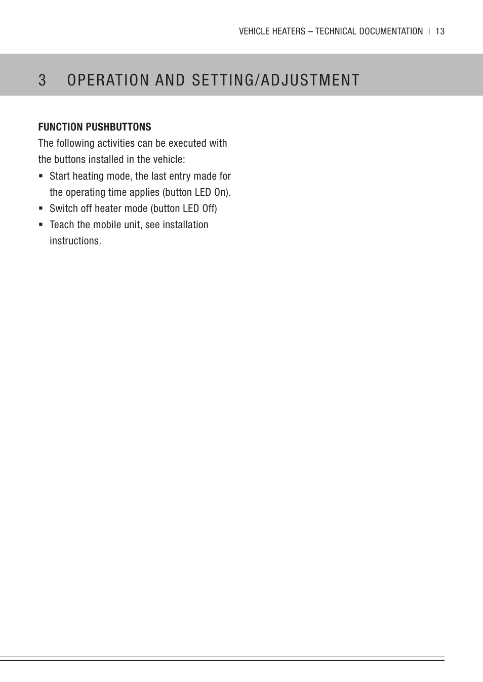 Function pushbuttons, 3 operation and setting/adjustment | Eberspacher EasyStart Remote User Manual | Page 13 / 20