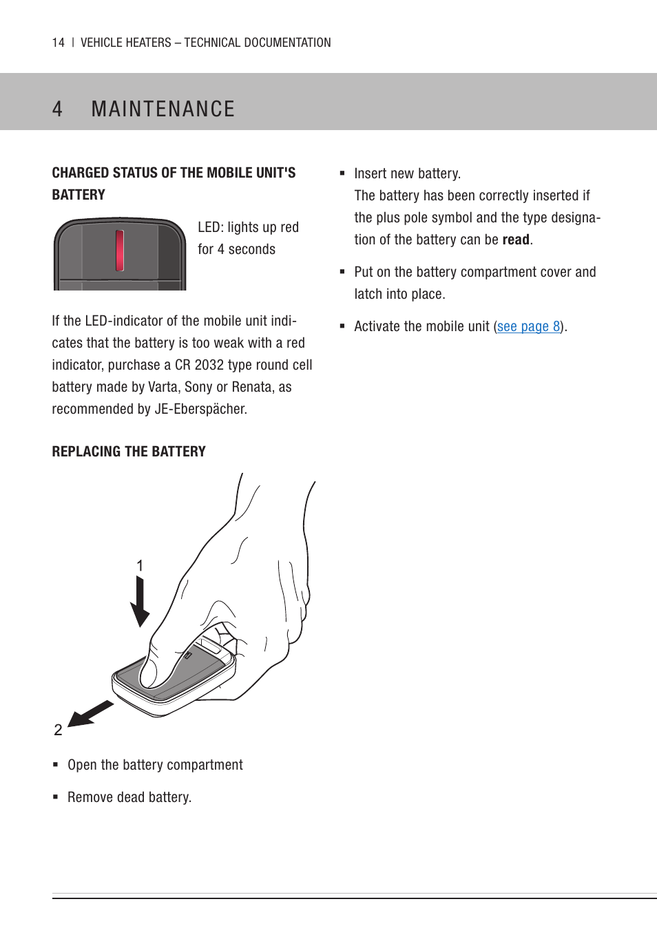 4 maintenance, Charged status of the mobile unit's battery, Replacing the battery | Maintenance | Eberspacher EasyStart Remote User Manual | Page 14 / 20