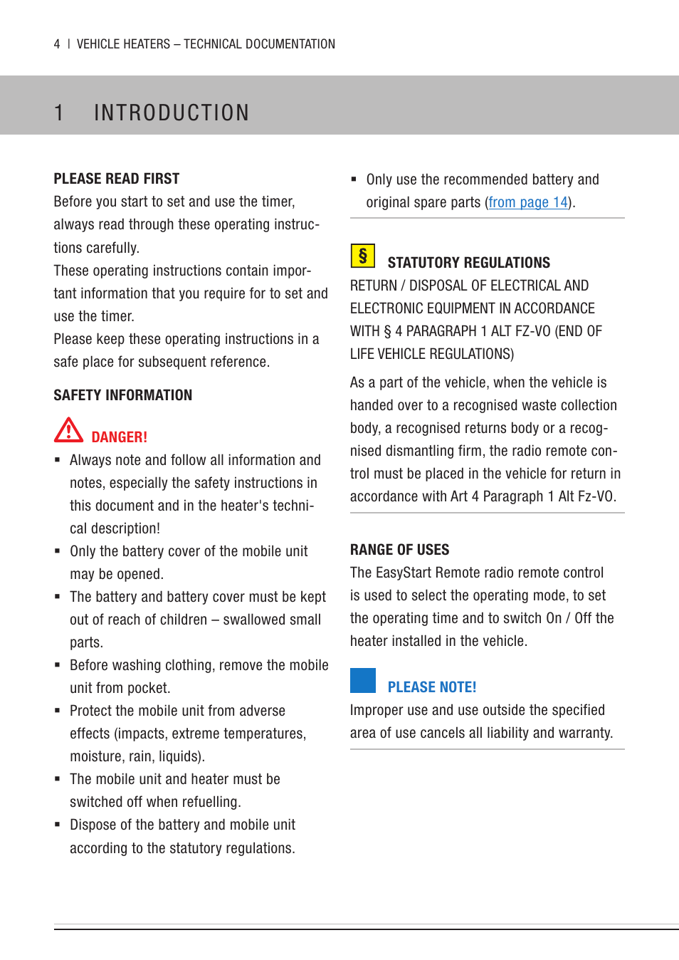 1 introduction, Please read first, Safety information | Statutory regulations, Range of uses, Introduction | Eberspacher EasyStart Remote User Manual | Page 4 / 20