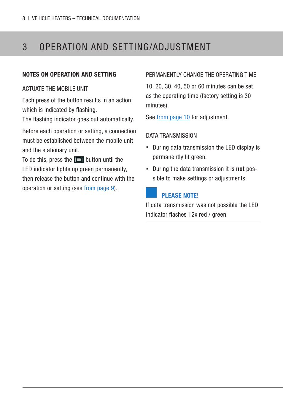 3 operation and setting/adjustment, Notes on operation and setting, Operation and setting/adjustment | Eberspacher EasyStart Remote User Manual | Page 8 / 20