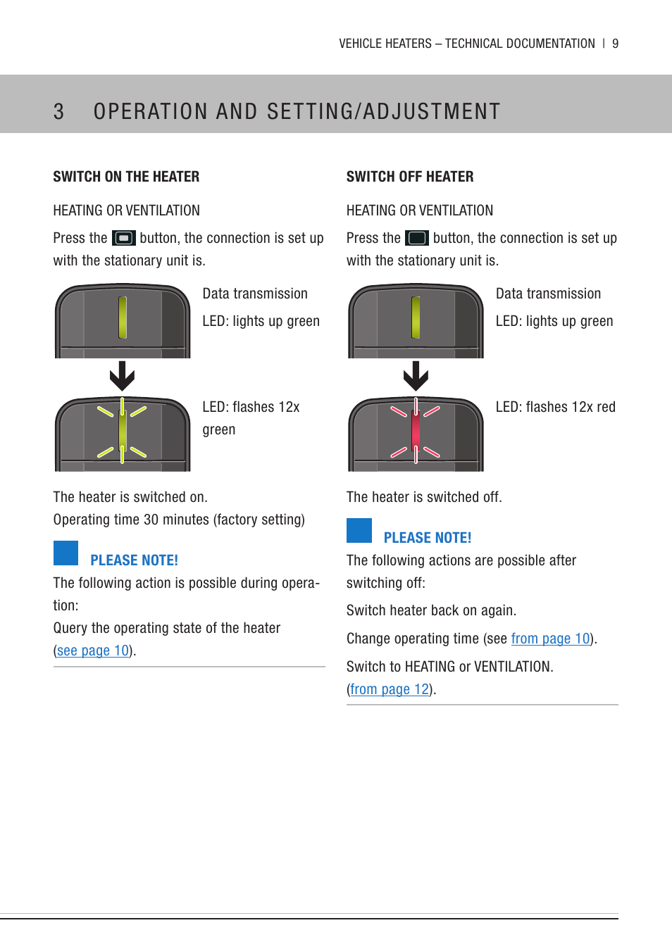 Switch on the heater, Switch off heater, 3 operation and setting/adjustment | Eberspacher EasyStart Remote User Manual | Page 9 / 20