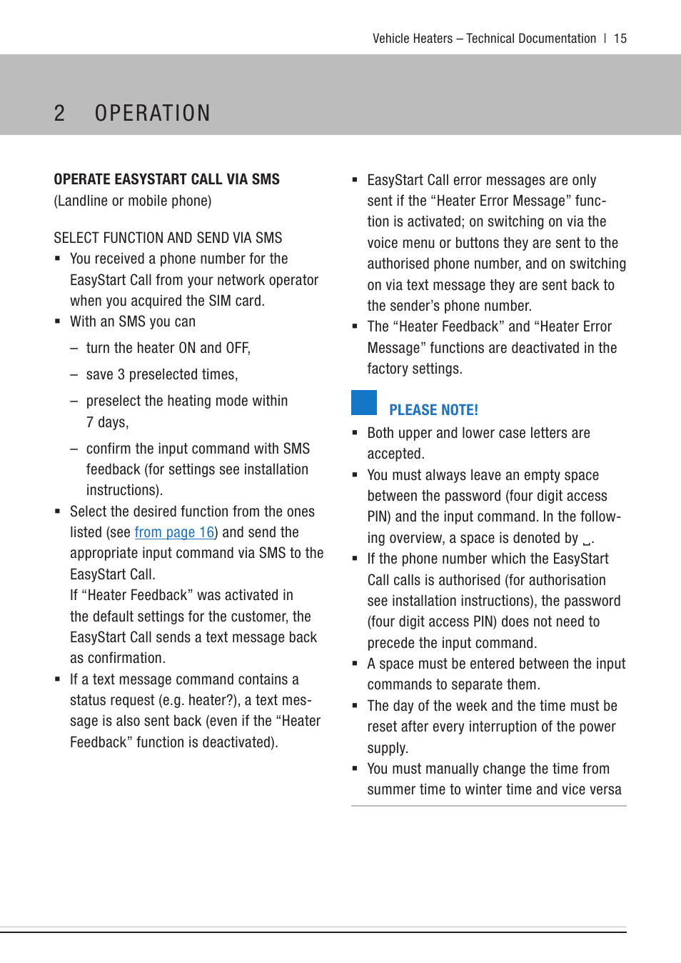 Operate easystart call via sms, Select function and send via sms, 2 operation | Eberspacher EasyStart Call User Manual | Page 15 / 30