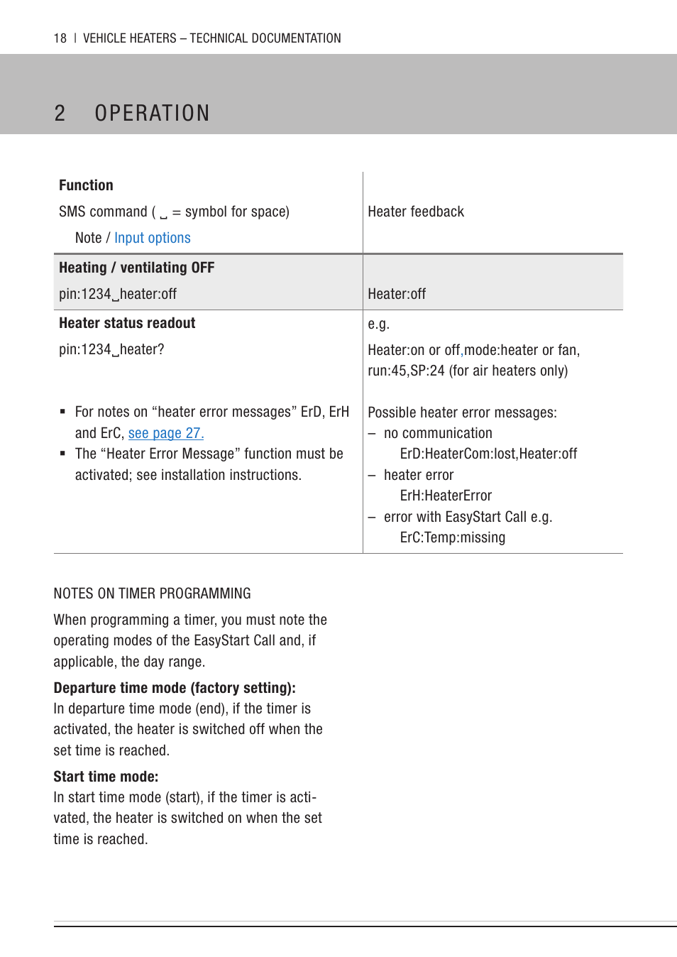 Notes on timer programming, 2 operation | Eberspacher EasyStart Call User Manual | Page 18 / 30
