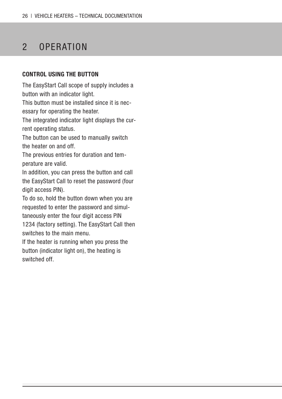 Control using the button, 2 operation | Eberspacher EasyStart Call User Manual | Page 26 / 30