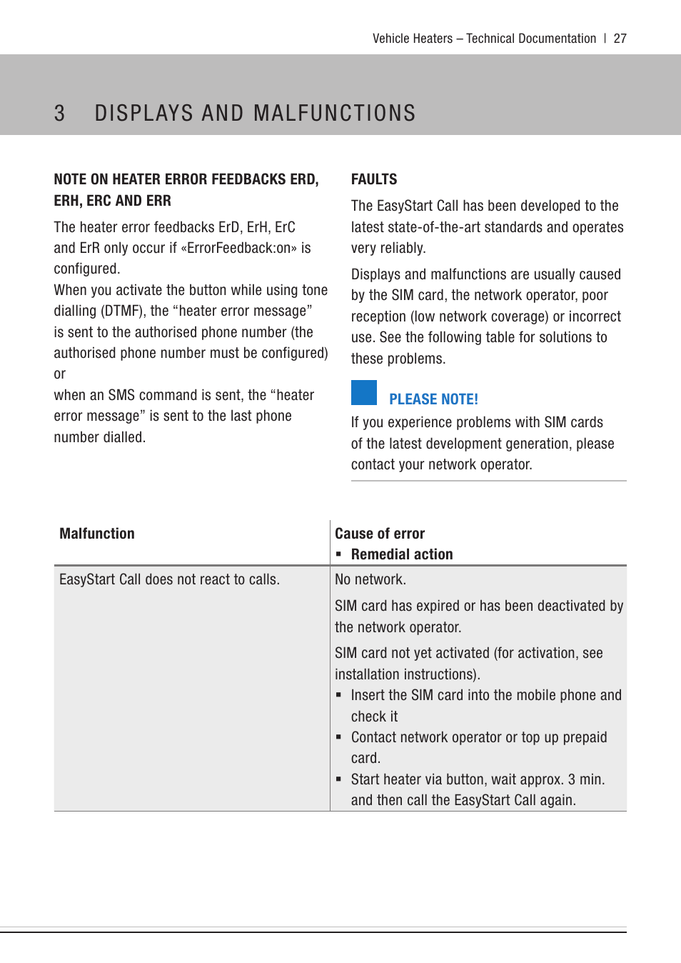 3 displays and malfunctions, Faults, Displays and malfunc- tions | Eberspacher EasyStart Call User Manual | Page 27 / 30