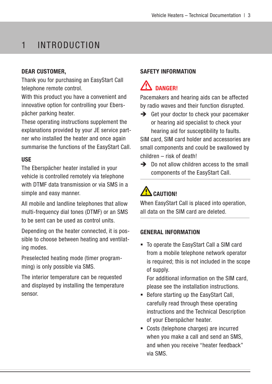 1 introduction, Dear customer, Safety information | General information, Introduction | Eberspacher EasyStart Call User Manual | Page 3 / 30