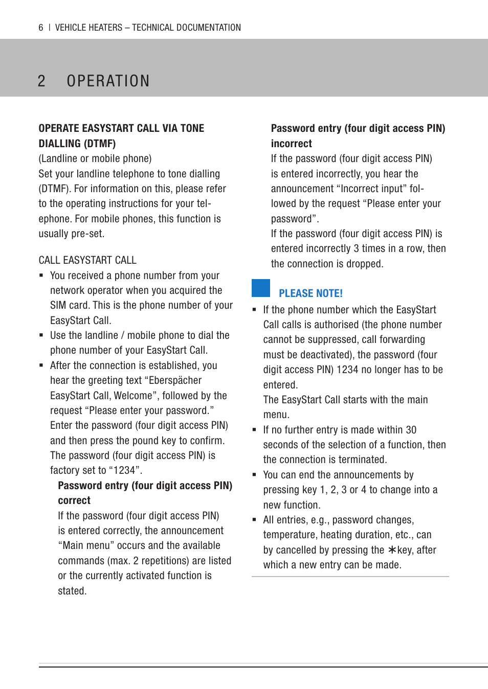 2 operation, Operate easystart call via tone ­dialling (dtmf), Call easystart call | Operation, Operate easystart call via tone dialling (dtmf) | Eberspacher EasyStart Call User Manual | Page 6 / 30