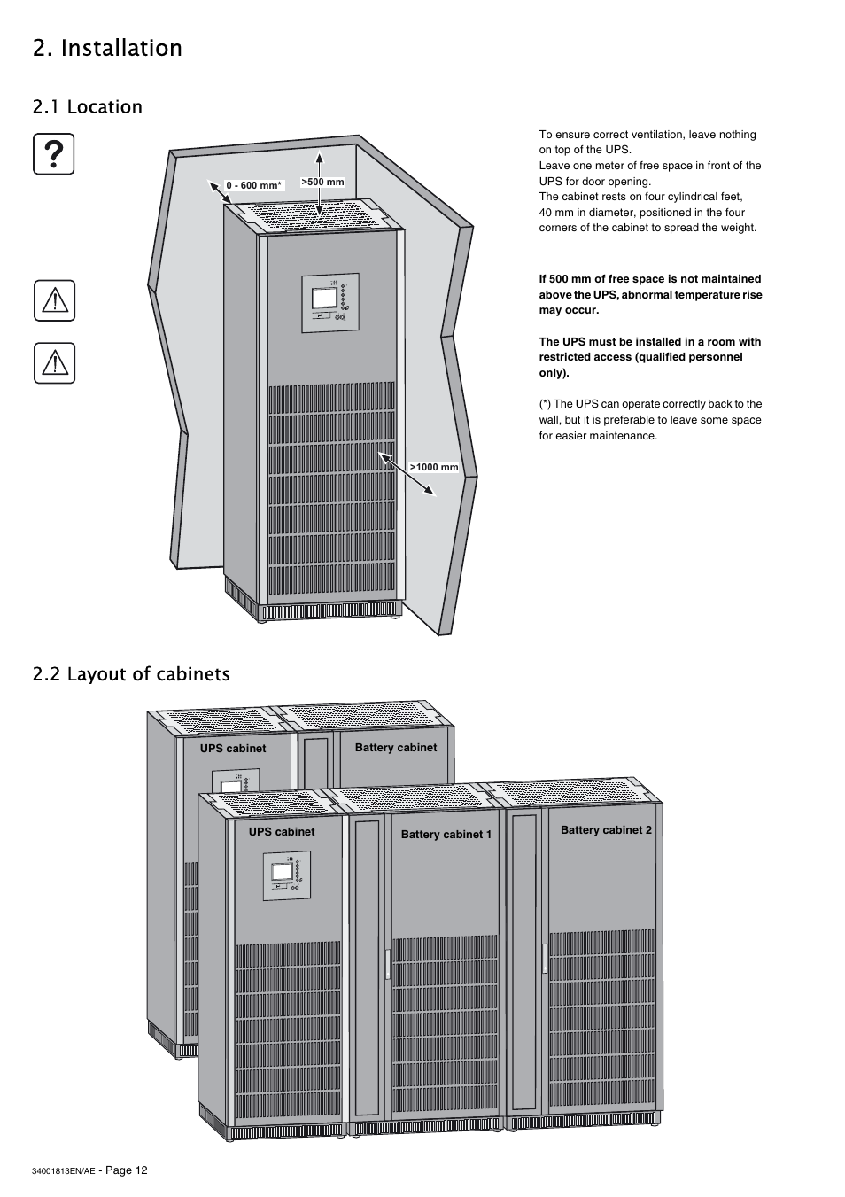 Installation, 1 location, 2 layout of cabinets | 1 location 2.2 layout of cabinets | APC GALAXY 5000 User Manual | Page 12 / 68