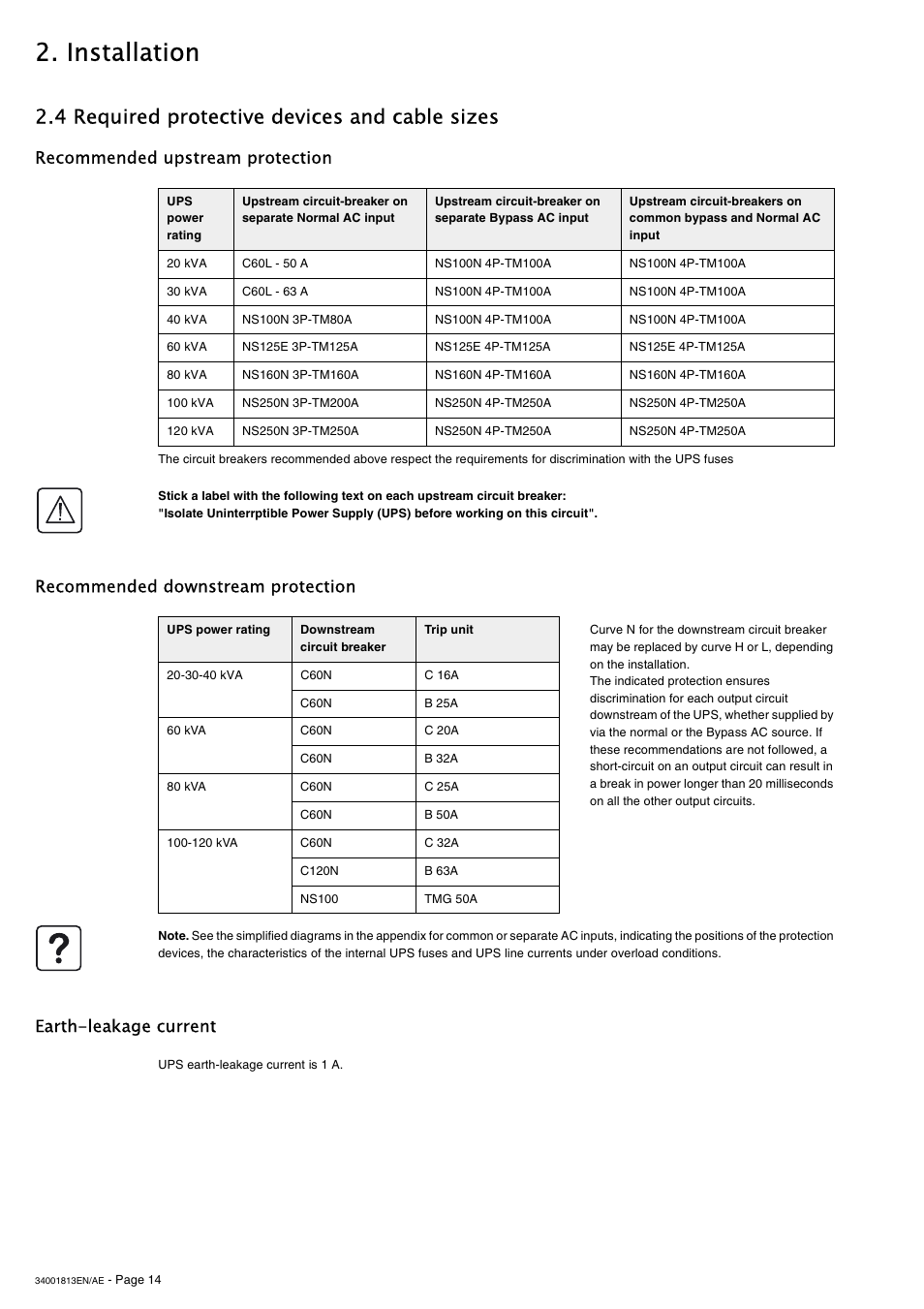 4 required protective devices and cable sizes, Recommended upstream protection, Recommended downstream protection | Earth-leakage current, Installation | APC GALAXY 5000 User Manual | Page 14 / 68