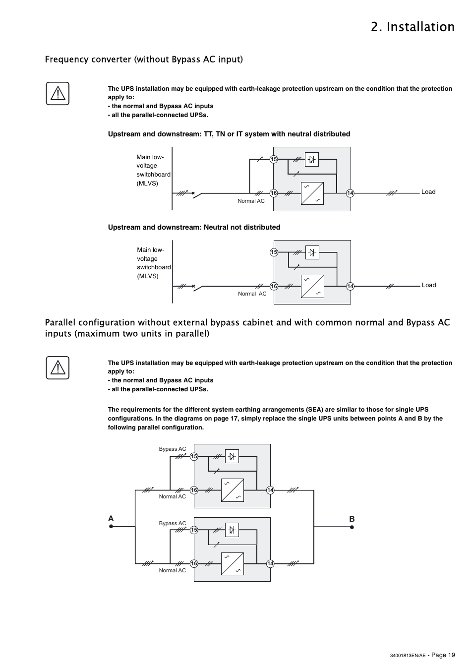 Frequency converter (without bypass ac input), Upstream and downstream: neutral not distributed, Inputs (maximum two units in parallel) | Installation | APC GALAXY 5000 User Manual | Page 19 / 68