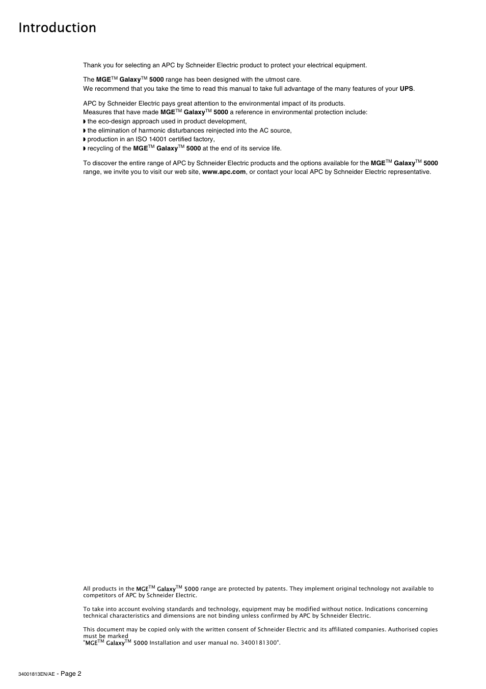 Introduction | APC GALAXY 5000 User Manual | Page 2 / 68