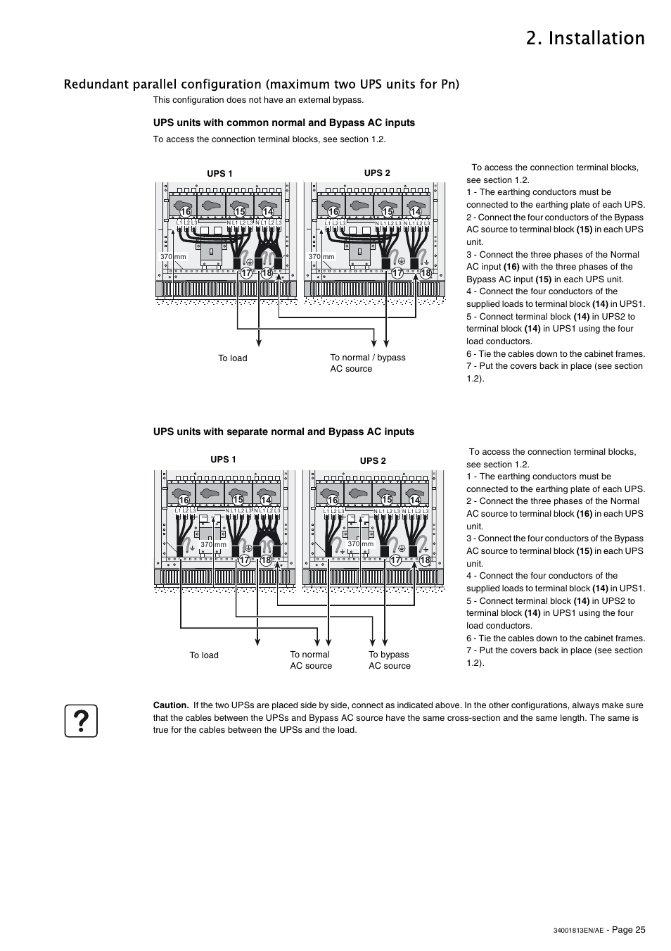 Ups units with common normal and bypass ac inputs, Installation | APC GALAXY 5000 User Manual | Page 25 / 68