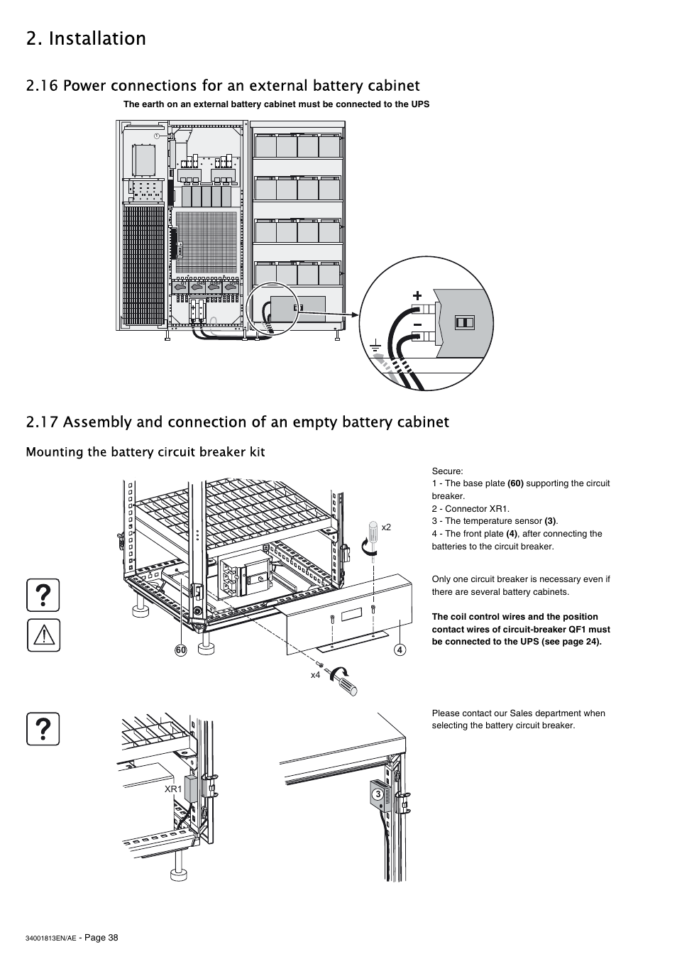 Mounting the battery circuit breaker kit, Installation | APC GALAXY 5000 User Manual | Page 38 / 68