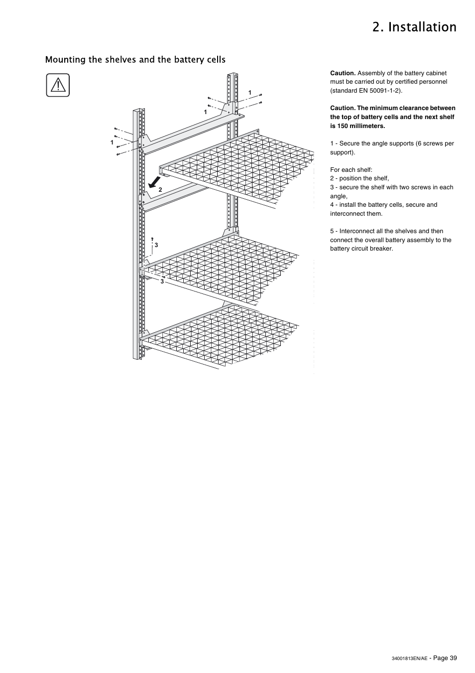 Mounting the shelves and the battery cells, Installation | APC GALAXY 5000 User Manual | Page 39 / 68