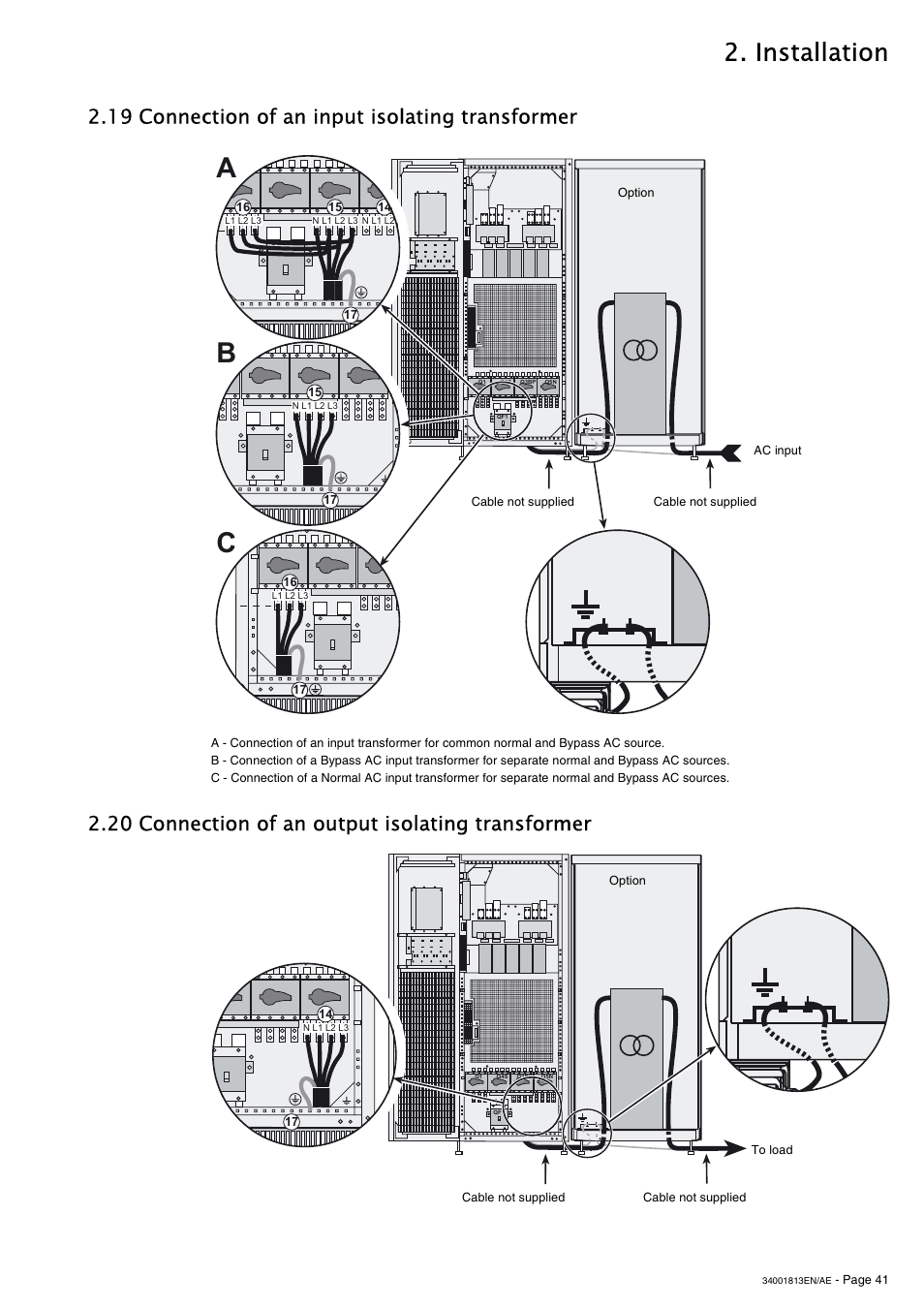 19 connection of an input isolating transformer, 20 connection of an output isolating transformer, Ab c | Installation | APC GALAXY 5000 User Manual | Page 41 / 68