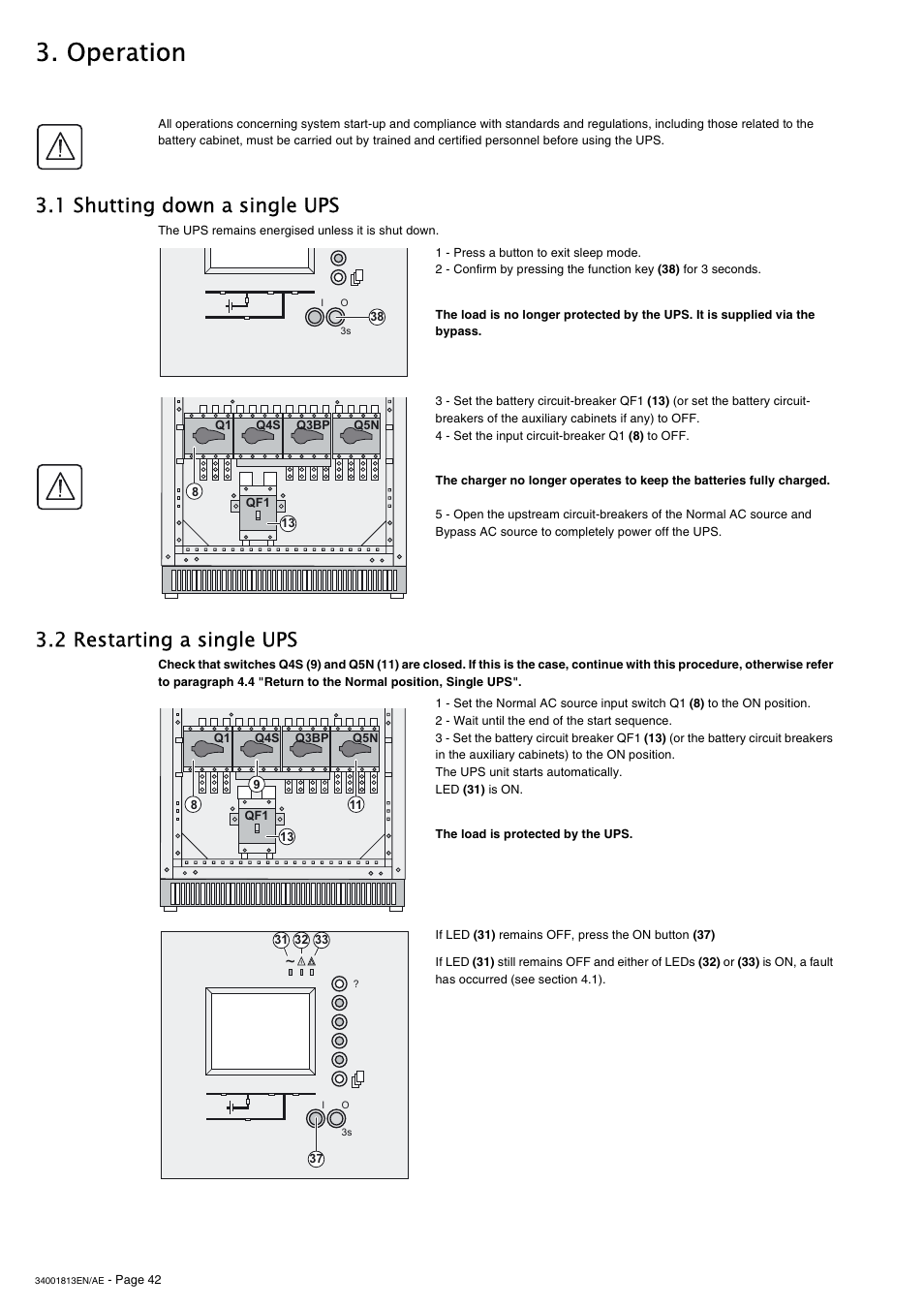 Operation, 1 shutting down a single ups, 2 restarting a single ups | APC GALAXY 5000 User Manual | Page 42 / 68