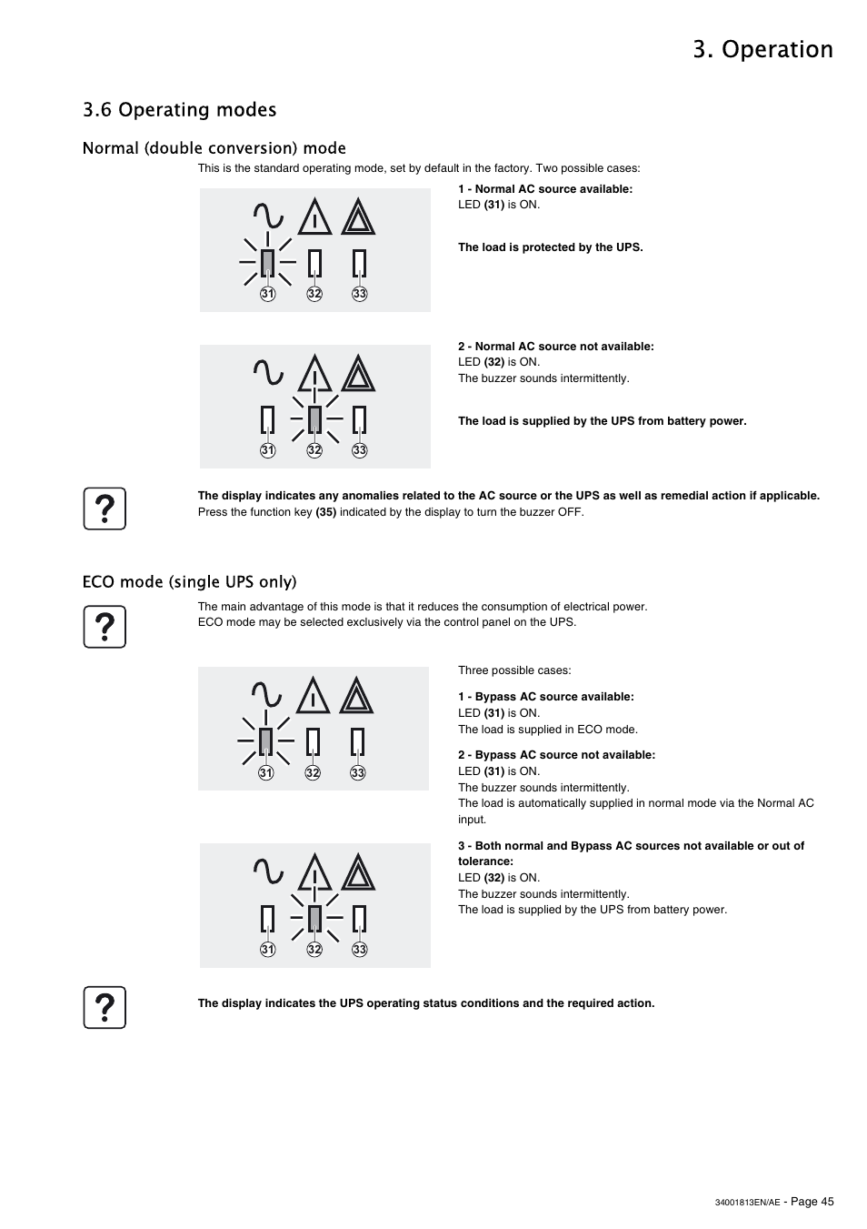 6 operating modes, Normal (double conversion) mode, Eco mode (single ups only) | Operation | APC GALAXY 5000 User Manual | Page 45 / 68