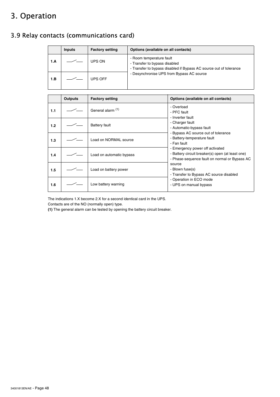 9 relay contacts (communications card), Operation | APC GALAXY 5000 User Manual | Page 48 / 68
