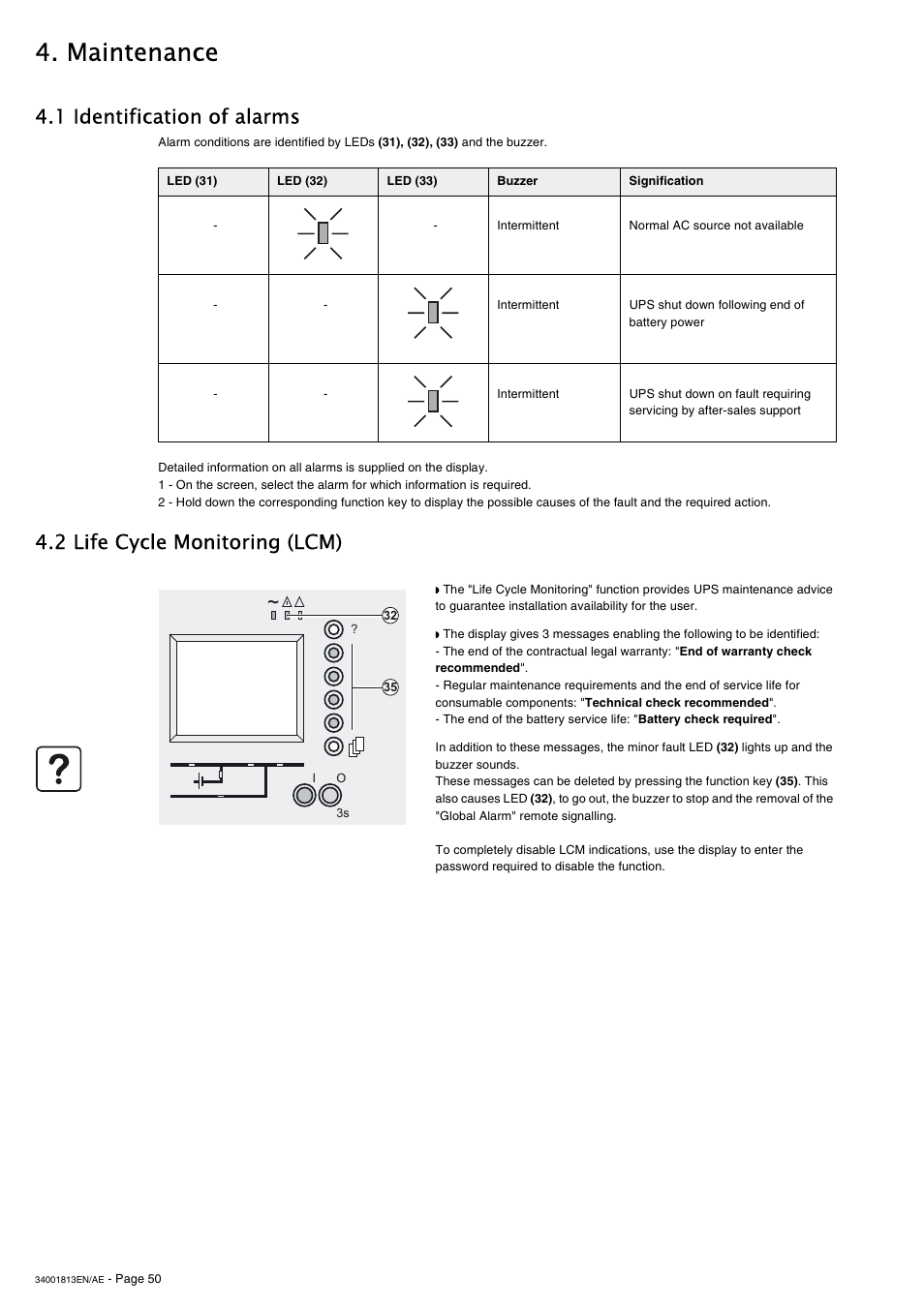 Maintenance, 1 identification of alarms, 2 life cycle monitoring (lcm) | APC GALAXY 5000 User Manual | Page 50 / 68