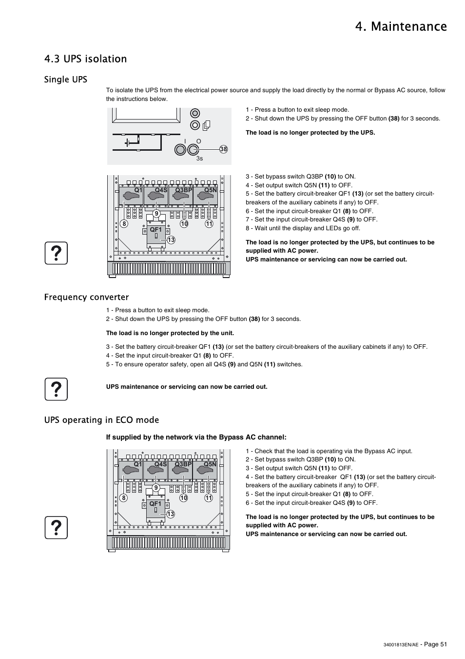 3 ups isolation, Single ups, Frequency converter | Ups operating in eco mode, Maintenance, Frequency converter ups operating in eco mode | APC GALAXY 5000 User Manual | Page 51 / 68