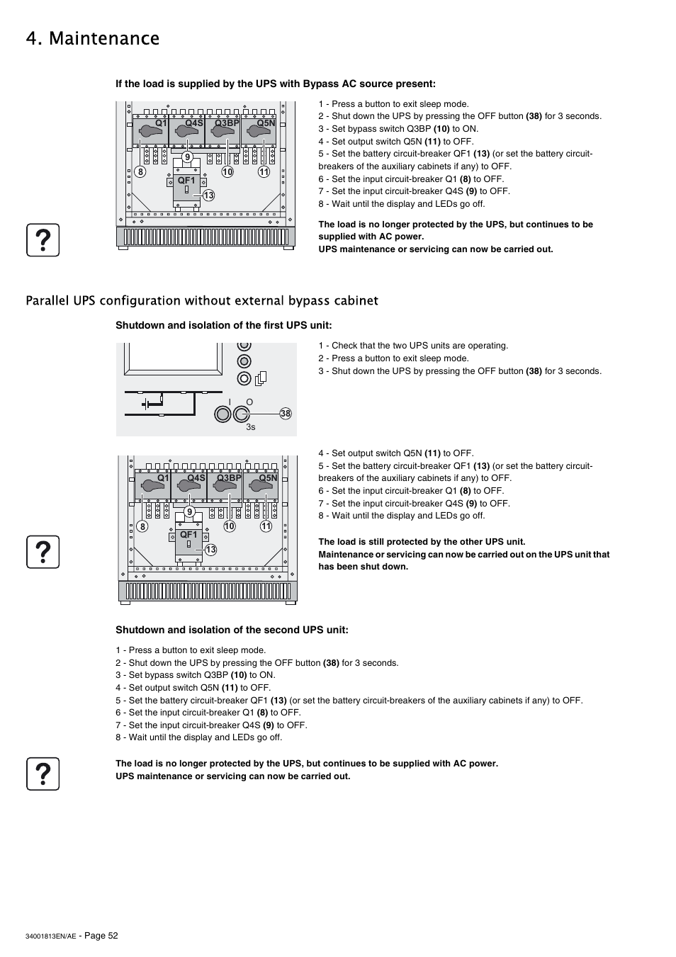 Shutdown and isolation of the first ups unit, Shutdown and isolation of the second ups unit, Maintenance | APC GALAXY 5000 User Manual | Page 52 / 68