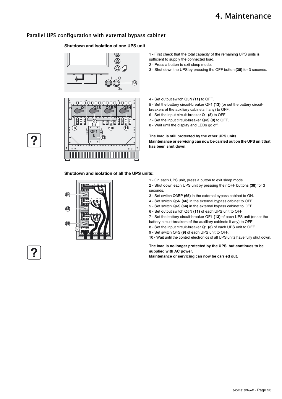 Shutdown and isolation of one ups unit, Maintenance | APC GALAXY 5000 User Manual | Page 53 / 68