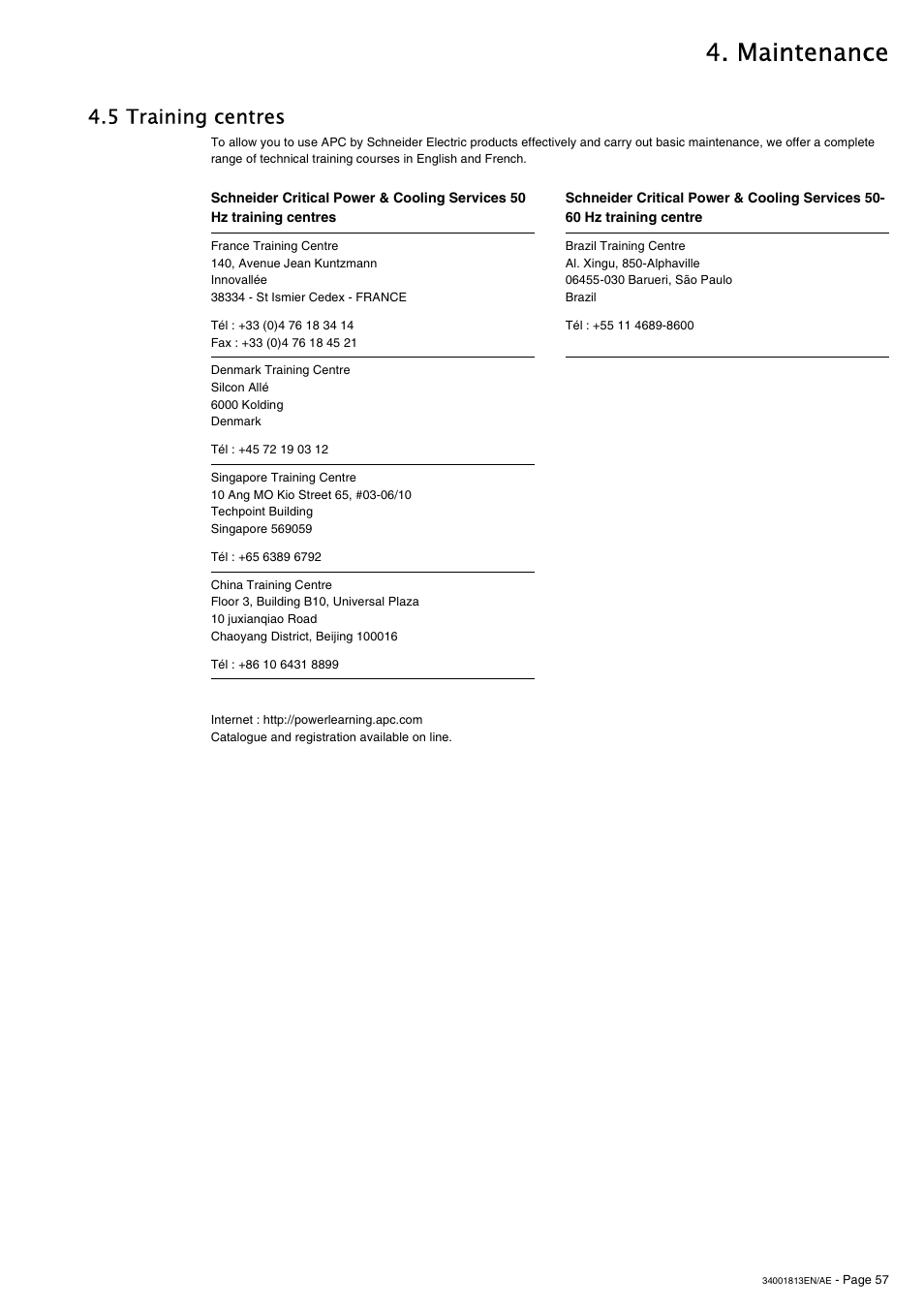 5 training centres, Maintenance | APC GALAXY 5000 User Manual | Page 57 / 68