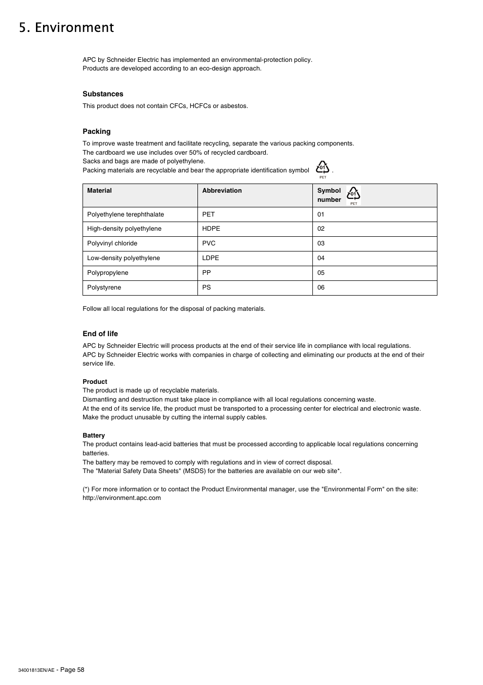 Environment, Substances, Packing | End of life | APC GALAXY 5000 User Manual | Page 58 / 68