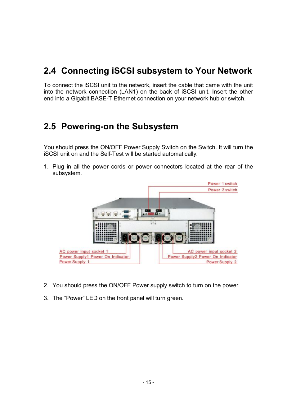 4 connecting iscsi subsystem to your network, 5 powering-on the subsystem | APC RAID Subsystem SCSI-SATA II User Manual | Page 15 / 131
