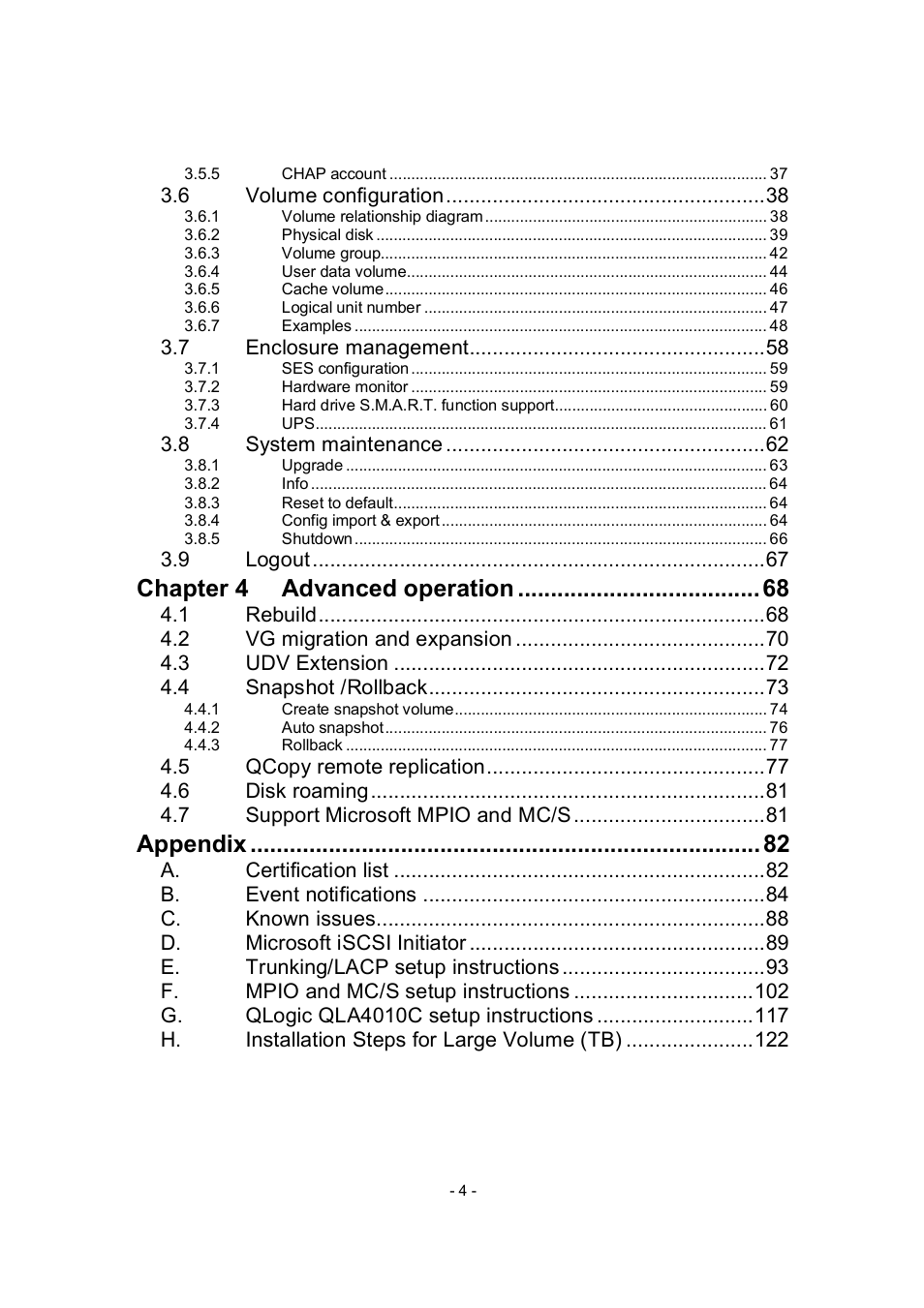 Chapter 4, Advanced operation, Appendix | APC RAID Subsystem SCSI-SATA II User Manual | Page 4 / 131