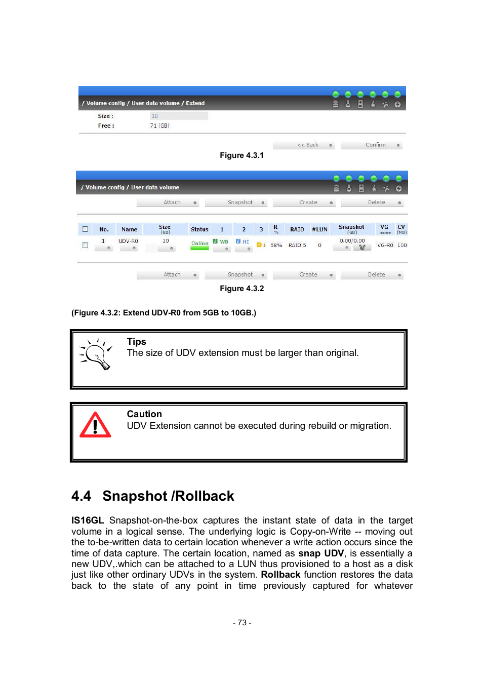 4 snapshot /rollback | APC RAID Subsystem SCSI-SATA II User Manual | Page 73 / 131
