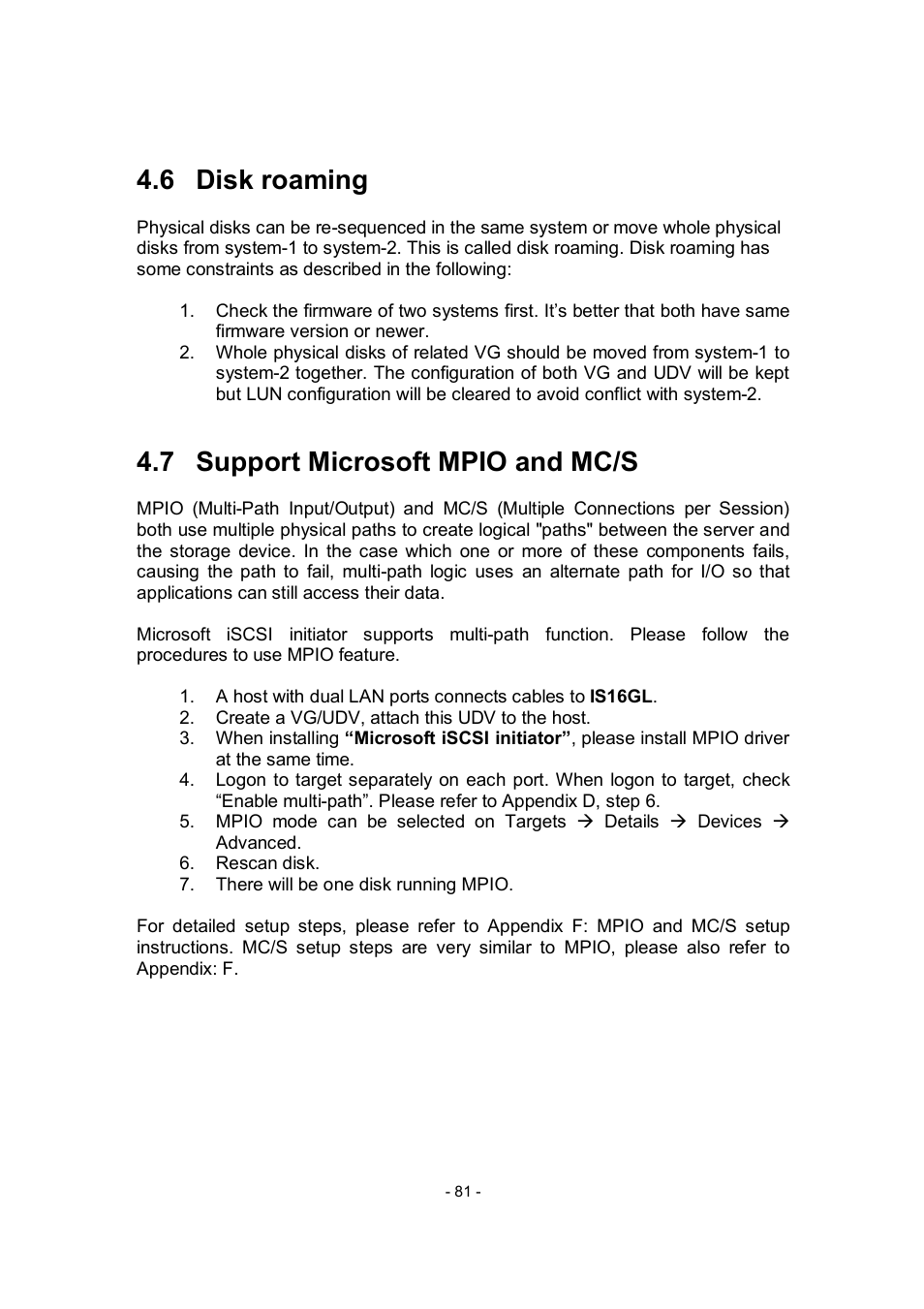 6 disk roaming, 7 support microsoft mpio and mc/s | APC RAID Subsystem SCSI-SATA II User Manual | Page 81 / 131