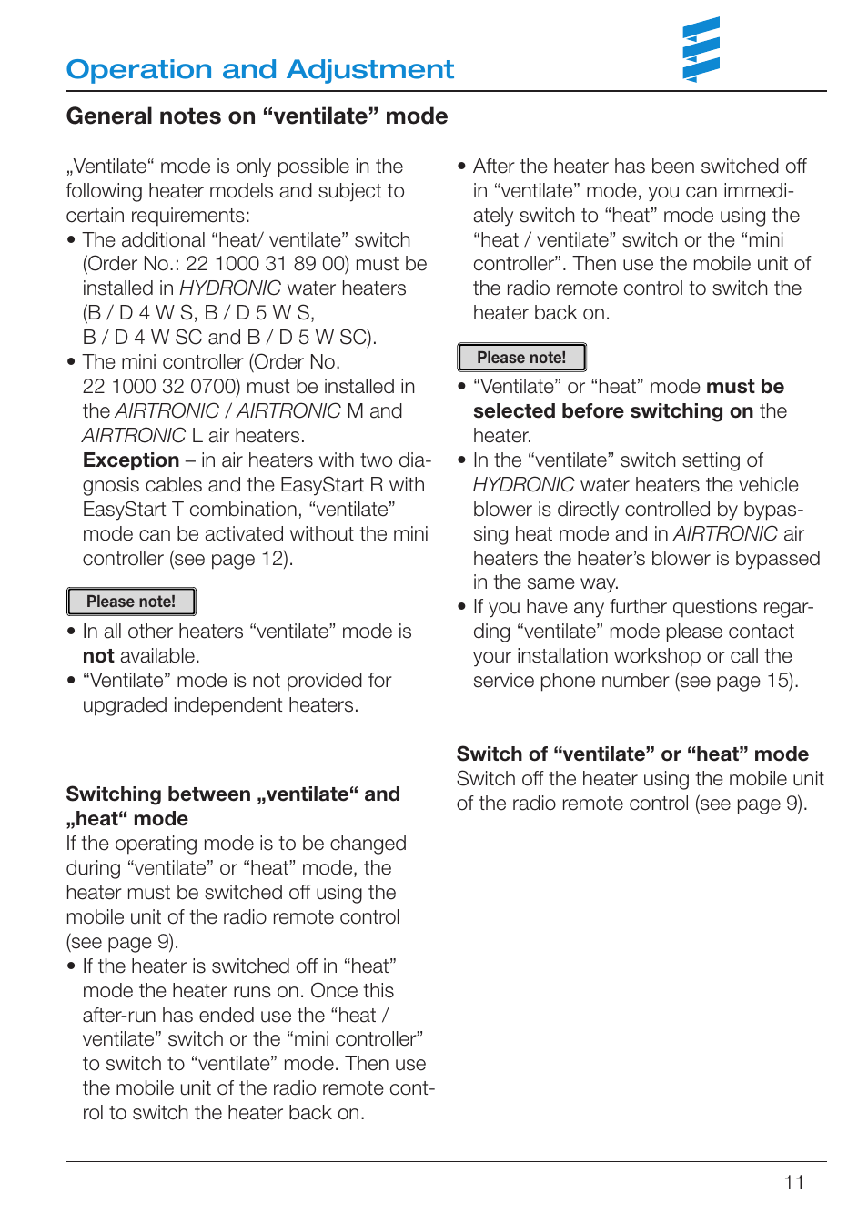 Operation and adjustment | Eberspacher EasyStart R User Manual | Page 11 / 16