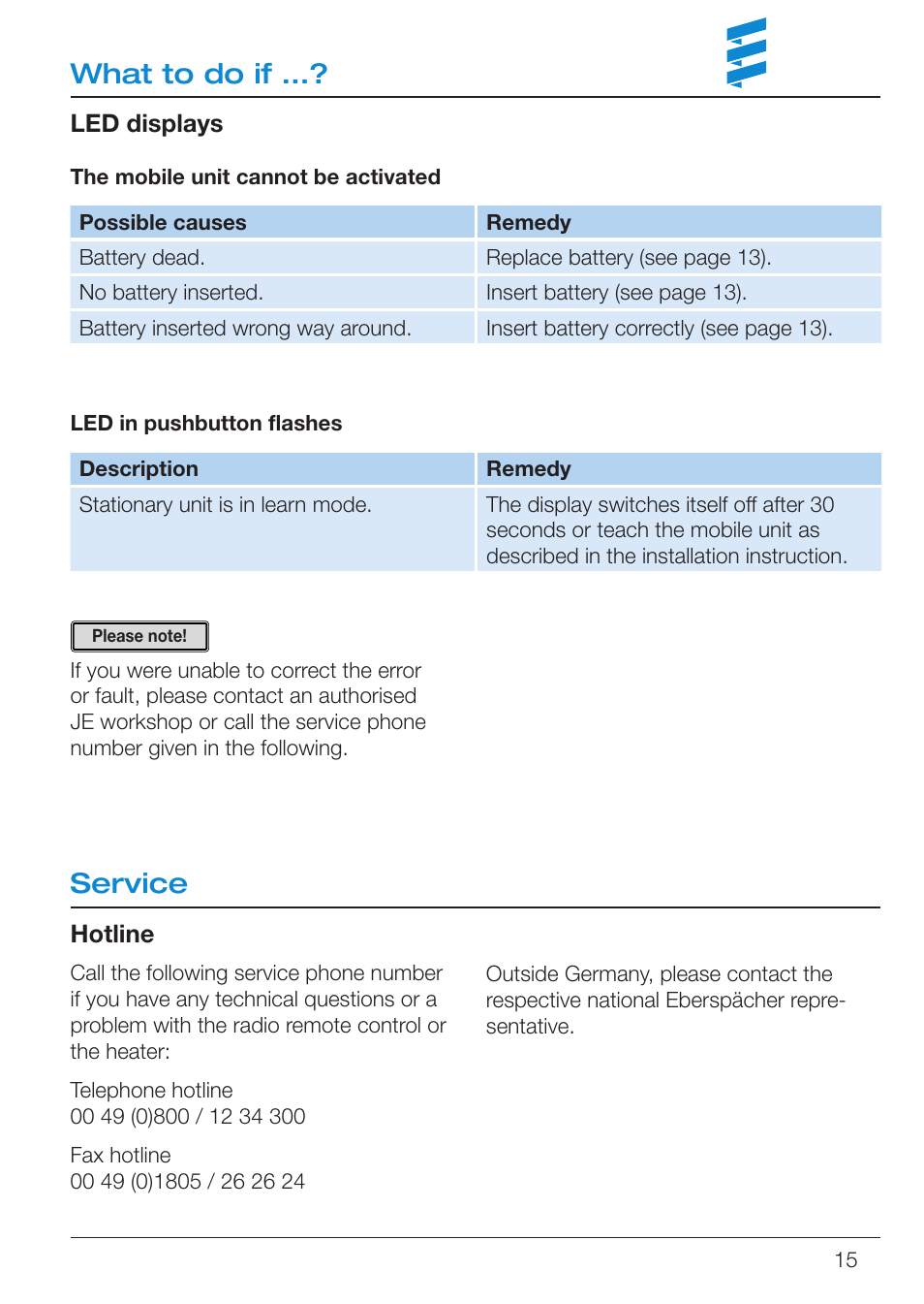 Service, What to do if | Eberspacher EasyStart R User Manual | Page 15 / 16