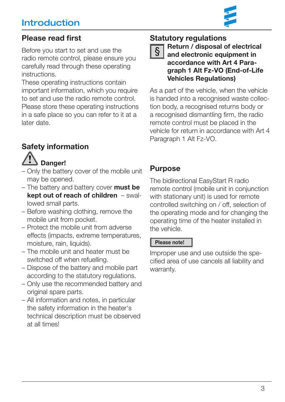 Introduction | Eberspacher EasyStart R User Manual | Page 3 / 16