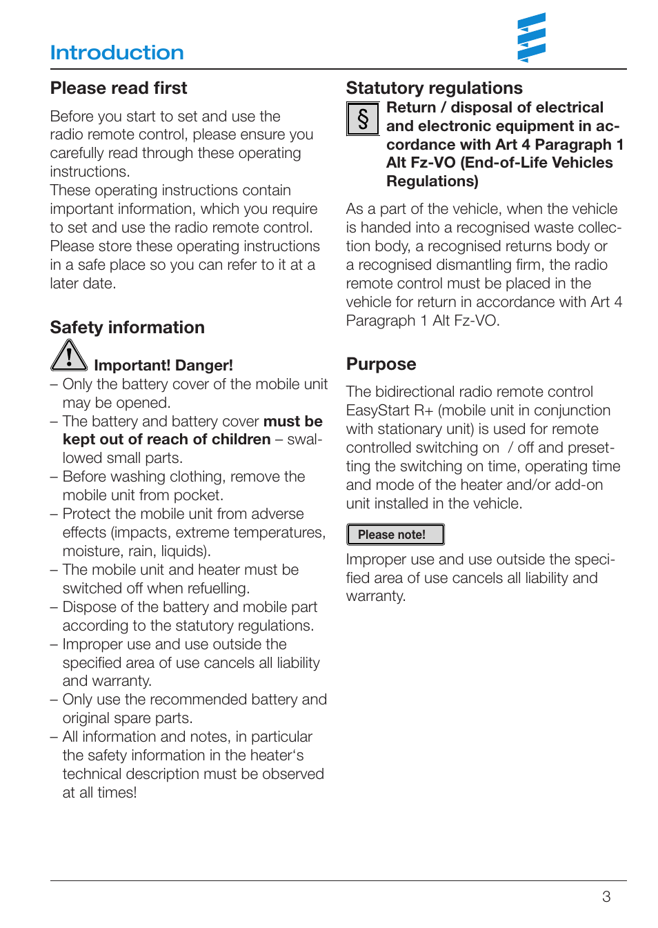 Introduction | Eberspacher EasyStart R User Manual | Page 3 / 28