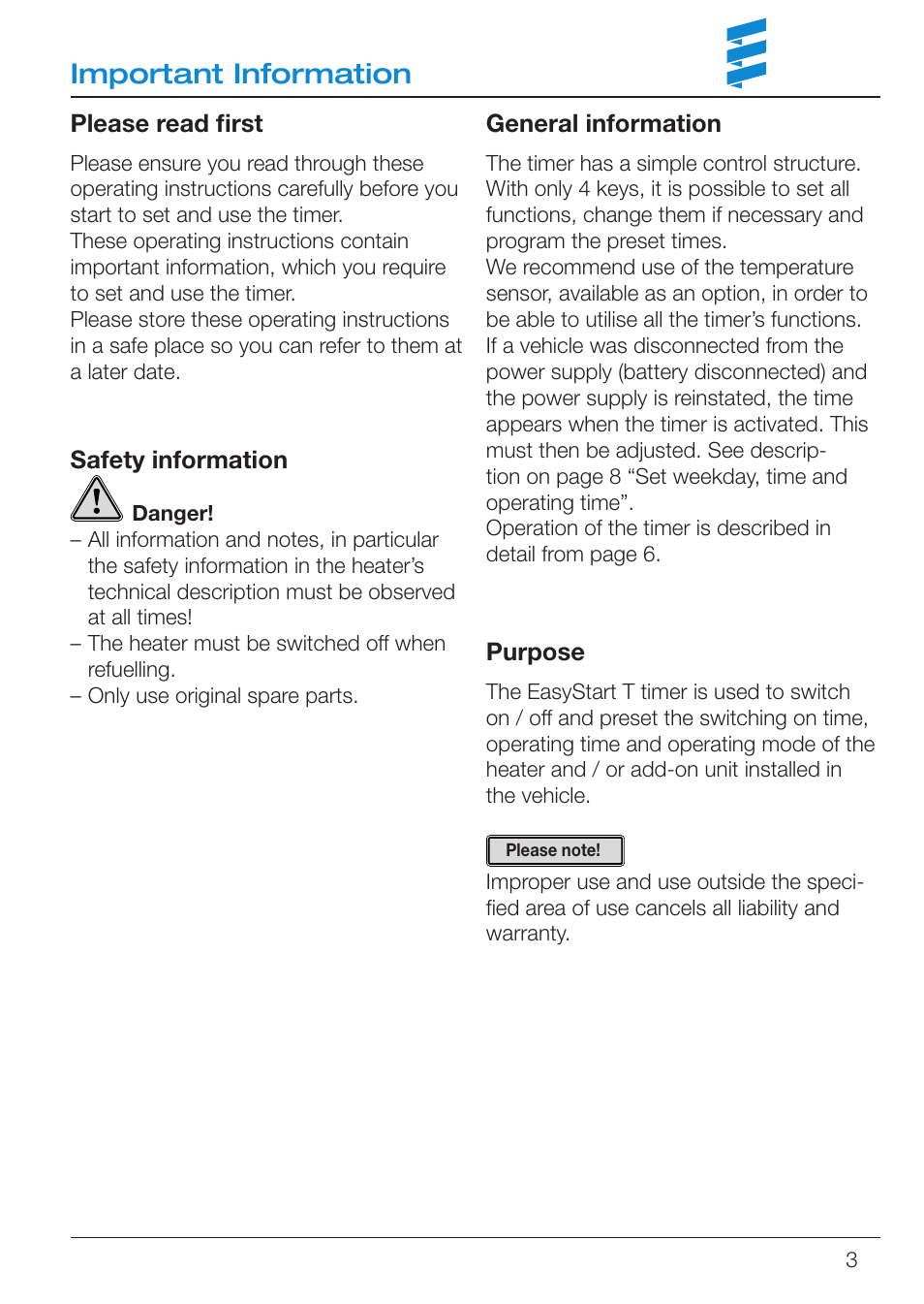 Important information | Eberspacher EasyStart T User Manual | Page 3 / 28