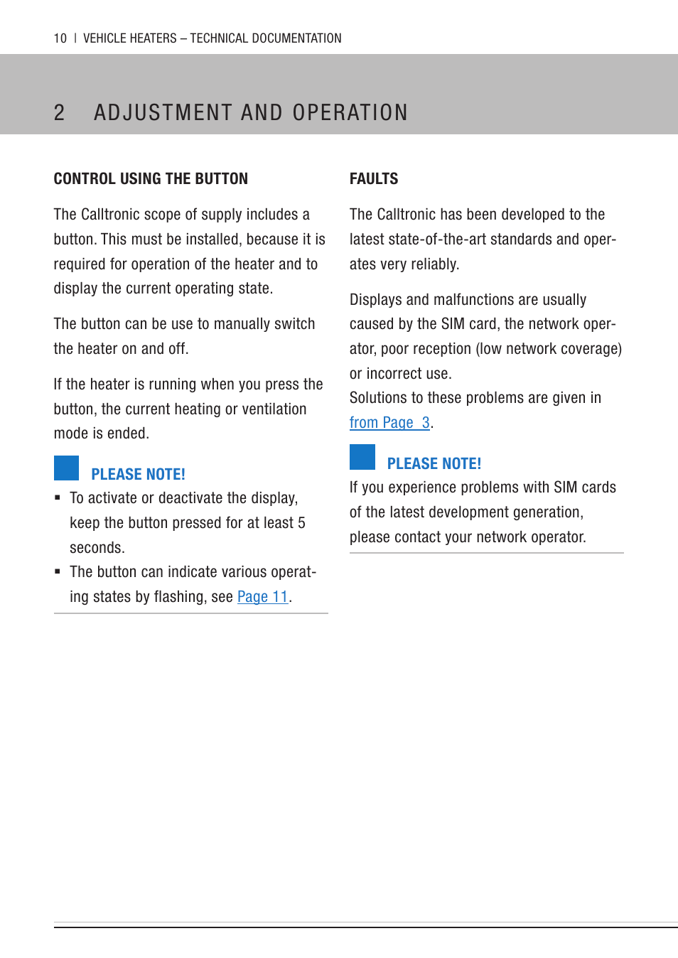 Control using the button, Faults, 2 adjustment and operation | Eberspacher Calltronic User Manual | Page 10 / 14