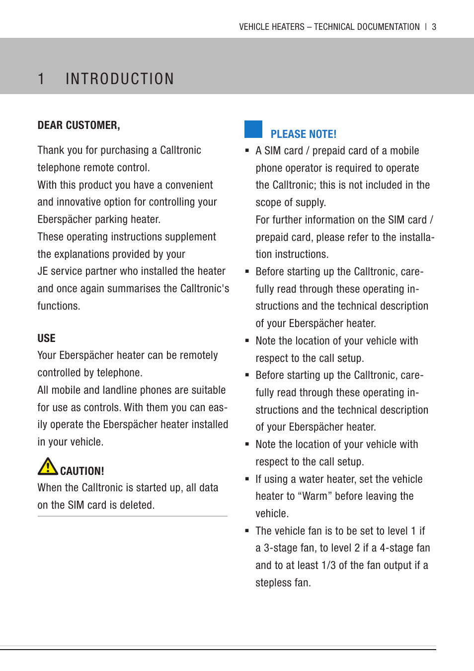 1 introduction, Dear customer | Eberspacher Calltronic User Manual | Page 3 / 14