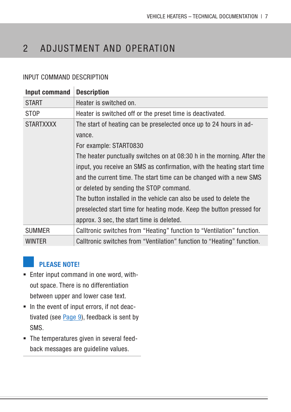 Input command description, 2 adjustment and operation | Eberspacher Calltronic User Manual | Page 7 / 14