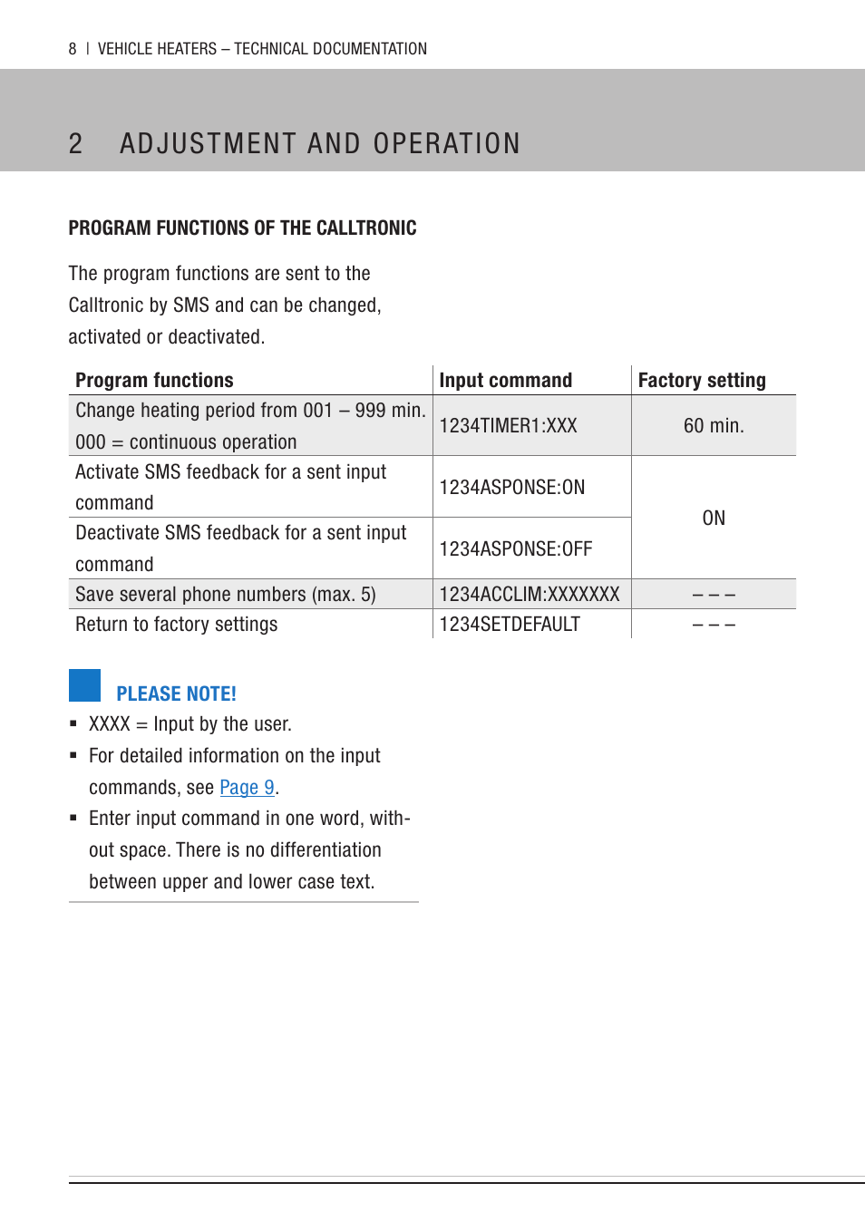 Program functions of the calltronic, 2 adjustment and operation | Eberspacher Calltronic User Manual | Page 8 / 14