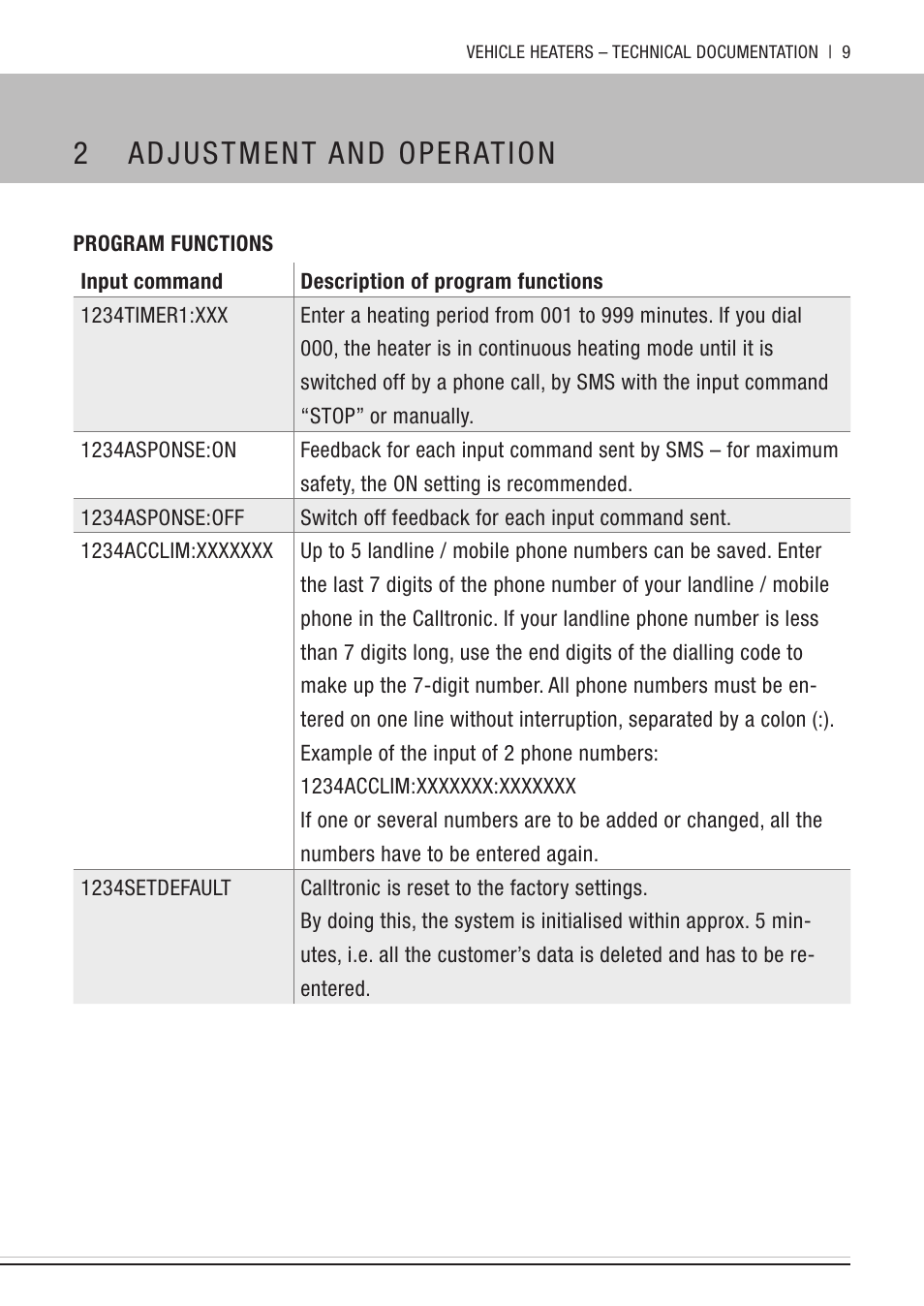 Program functions, 2 adjustment and operation | Eberspacher Calltronic User Manual | Page 9 / 14