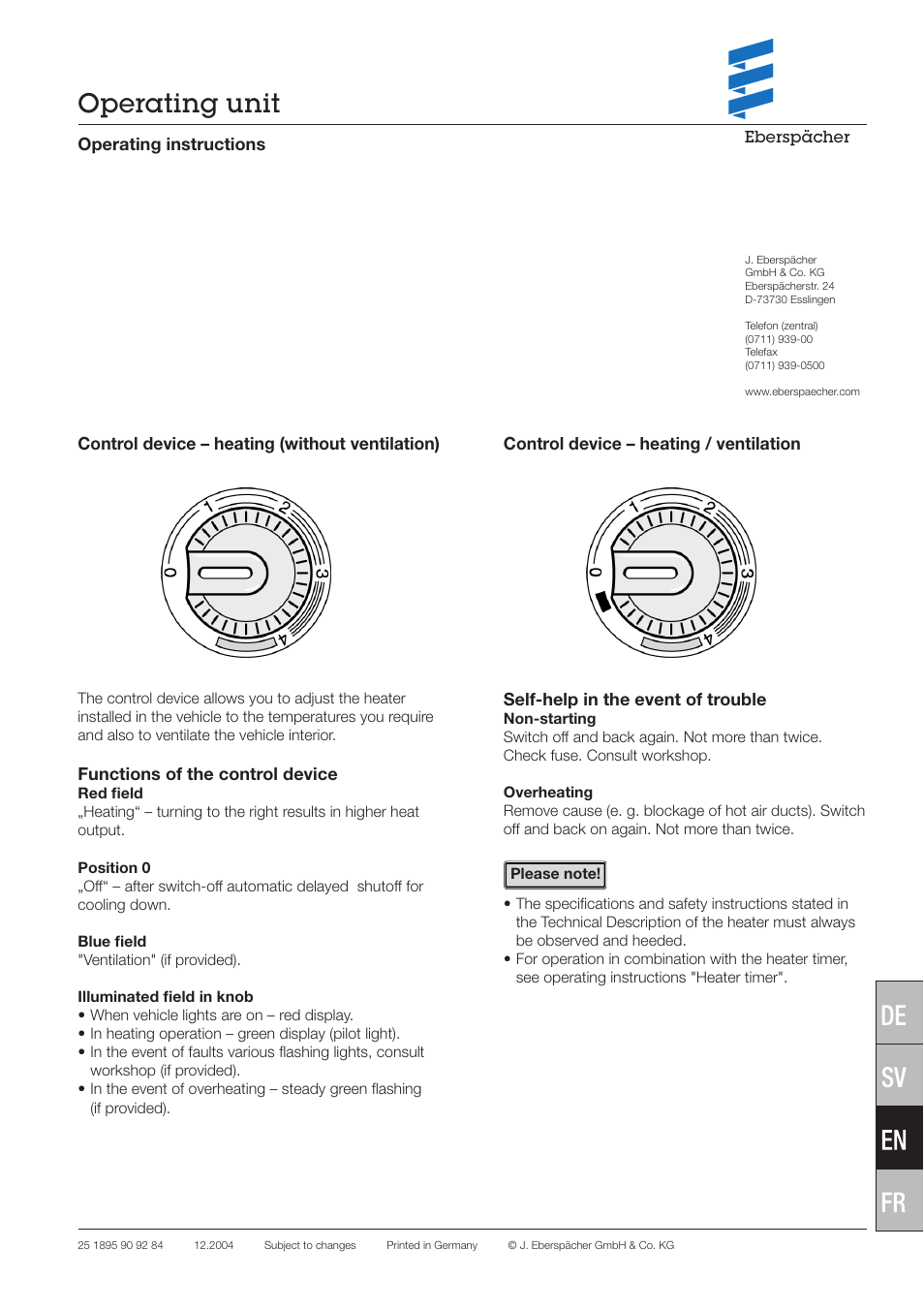 Eberspacher Operation Unit User Manual | 1 page