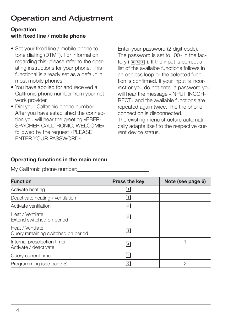 Operation and adjustment | Eberspacher Calltronic 08 User Manual | Page 4 / 8